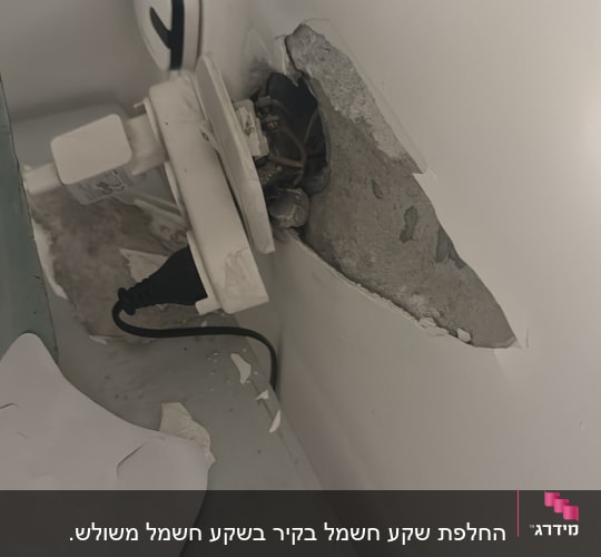 שקע חשמלי פגום בקיר עם חוטים חשופים